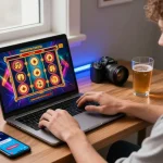Online credit card casinos engaging scene of a young player at home enjoying vibrant slot games on a laptop, decorated with gaming-themed props.