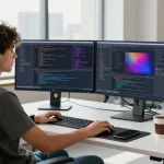Download 纸飞机下载 in a modern tech workspace with vibrant coding displays and an inspiring urban backdrop.