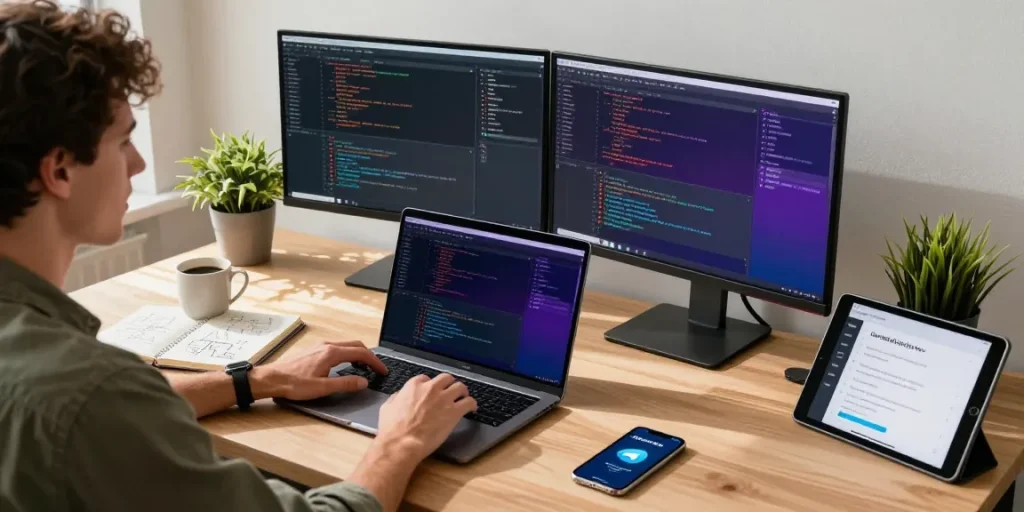 Developer coding in a modern home office with 纸飞机中文版 displayed on multiple screens and vibrant workspace elements.