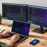 Developer coding in a modern home office with 纸飞机中文版 displayed on multiple screens and vibrant workspace elements.
