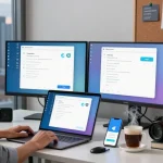 Enhance your digital communication with Telegram Download: modern workspace featuring Telegram app on dual monitors and smartphone.
