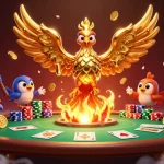 Experience mekar11 gameplay with a molten gold phoenix and poker action in 3D illustration.