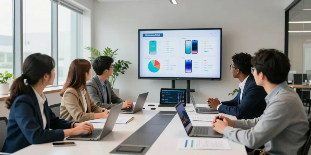 Team discussing business mobile comparison UK options in a modern office.