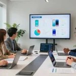 Team discussing business mobile comparison UK options in a modern office.