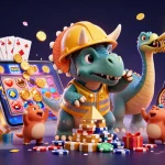 Experience Baccarat formula excitement through a vibrant 3D illustration of dinosaurs celebrating around casino elements.