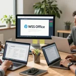 Team collaborating in a modern office for wps下载, showcasing WPS Office software in use for live document editing.