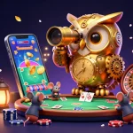 Scopri le migliori app poker online mentre il gufo meccanico osserva un tavolo di gioco animato.