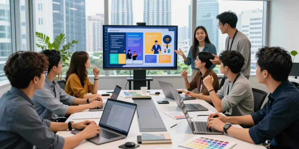 Vibrant meeting at a creative agency Kuala Lumpur, showcasing collaboration and innovation.