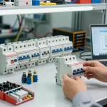 Engineers analyzing a dc mcb circuit breaker in a professional workshop with various electrical components.
