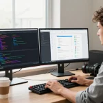 Developer programming at dual monitors in a bright tech workspace while exploring 纸飞机官网 features.
