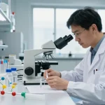 Scientist analyzing SwissChems Peptides in a bright laboratory, showcasing precision and quality in research.