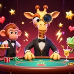 SBOBET เว็บตรง showcases a vibrant scene with a high-roller giraffe and characters immersed in lively casino action.
