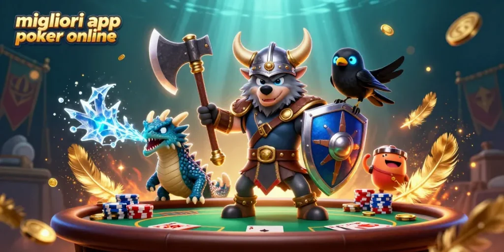 Gioca alle migliori app poker online con questa scena di una battaglia tra un guerriero lupo e un drago.