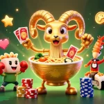 Engage in situs judi bola excitement with a 3D cartoon golden ramen bowl dealer and cheerful sushi characters!