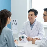 品川近視クリニックの口コミに関する眼科診療の風景、専門医が患者に視力矯正の選択肢を説明中