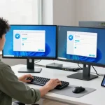 Developer exploring the features of 纸飞机中文版 in a modern tech workspace, complete with dual monitors and ergonomic tools.