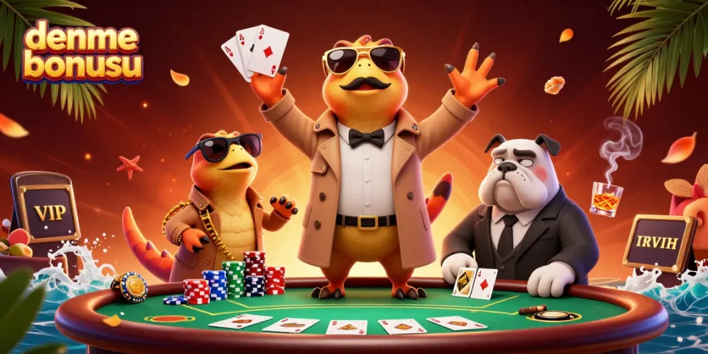Experience the excitement of deneme bonusu with raptors in trench coats at a casino!