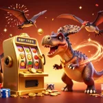 WinboxMY showcases a pachycephalosaurus celebrating a jackpot while an ankylosaur manages the casino, emphasizing thrilling gaming moments.