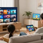 Enjoy family entertainment with BlueSharkIPTV streaming vibrant HD channels in a cozy living room.