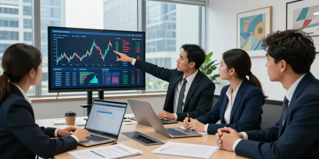Financial crime intelligence analysis team collaborating in a modern office, showcasing data visualizations and strategic discussions.