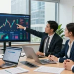 Financial crime intelligence analysis team collaborating in a modern office, showcasing data visualizations and strategic discussions.