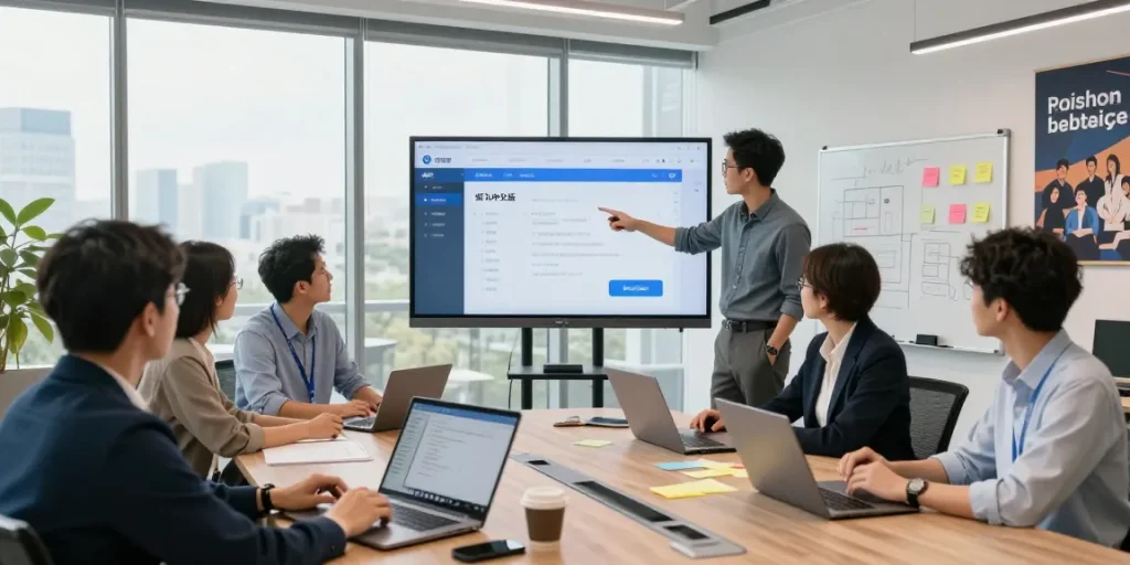 Team collaborating with 纸飞机中文版 interface displayed on screen, showcasing modern workplace technology.