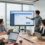 Team collaborating with 纸飞机中文版 interface displayed on screen, showcasing modern workplace technology.