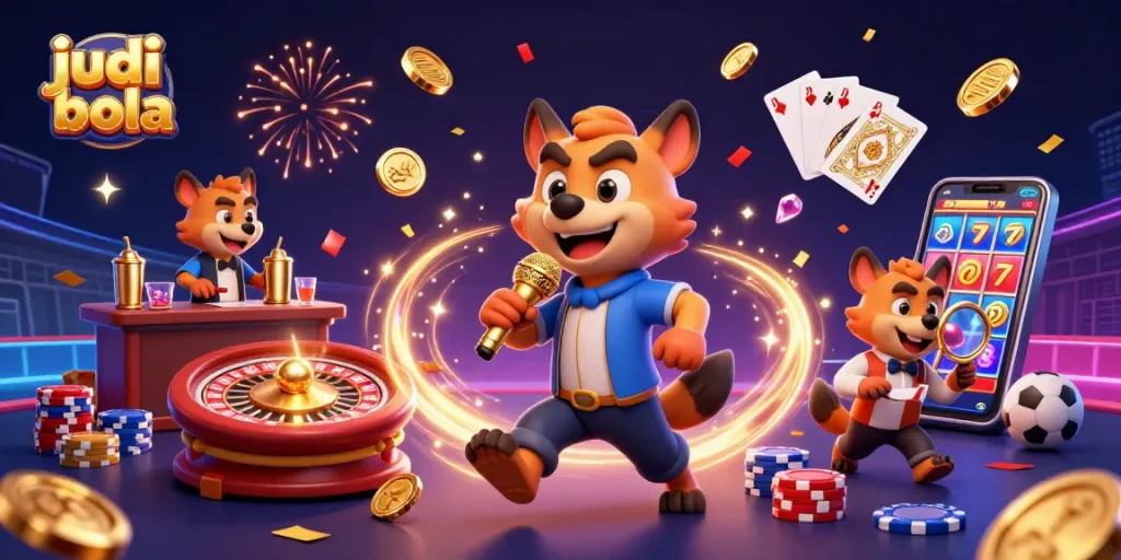 Engage in judi bola with lively hyenas at a sports betting casino, featuring vibrant casino elements.