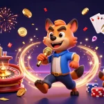 Engage in judi bola with lively hyenas at a sports betting casino, featuring vibrant casino elements.