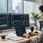 Modern trading desk with mt5 analysis tools and city view, showcasing a professional trader at work.
