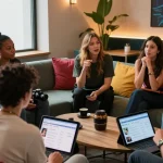Engaging group discussion among diverse actors about سكس زنوج and adult film categories, captured in a modern lounge.