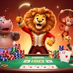 Join the vibrant scene of a general interest blog with a circus lion, poker elements and engaging details.