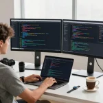 Desarrollador de software trabajando en su computadora con código de etb pse visible en la pantalla en un ambiente moderno y luminoso.