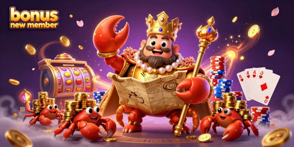 Experience excitement with a bonus new member opportunity, featuring slots and treasure imagery.