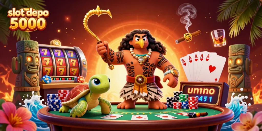 Experience the thrill of slot depo 5000 with vibrant casino elements and engaging characters in this dynamic 3D scene.