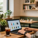 Where Can I Buy Marijuana Online Europe? A person shopping for cannabis online in a cozy café, showcasing a vibrant urban atmosphere.
