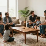 شراء اثاث مستعمل بالرياض with a family happily evaluating second-hand furniture in a cozy living room.