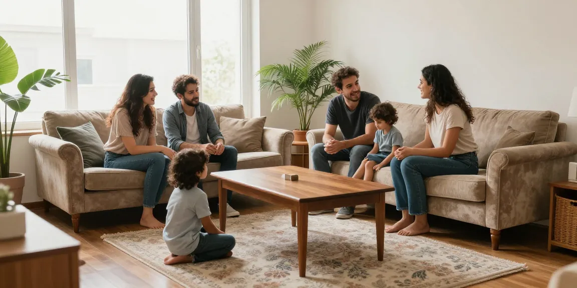 شراء اثاث مستعمل بالرياض with a family happily evaluating second-hand furniture in a cozy living room.