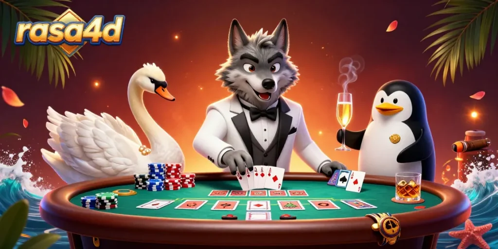 Rasa4d menghadirkan suasana kasino dengan serigala, angsa, dan penguin di meja baccarat.