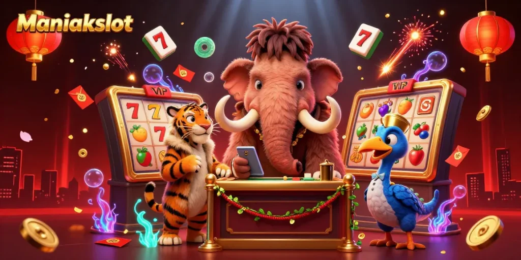 Engage with Maniakslot's thrilling casino scene featuring a mammoth, saber-tooth tiger, and dodo bird amidst vibrant game elements.