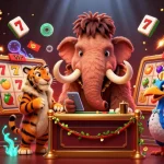 Engage with Maniakslot's thrilling casino scene featuring a mammoth, saber-tooth tiger, and dodo bird amidst vibrant game elements.