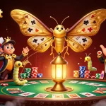 Experience thrilling sbobet casino action with the vivid 3D illustration featuring poker and golden moth intricacies.