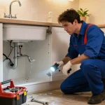 Emergency plumber in Sandy fixing a water leak under a kitchen sink, showcasing urgent plumbing assistance.
