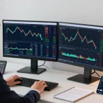 Trader using MetaTrader 4 on dual monitors analyzing forex markets with essential trading tools.