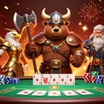 Experience the thrill of clan4d with a Viking bear and Valkyrie eagle at a vibrant poker table.