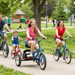 People riding tricycles in a sunny park, showcasing joy and freedom.