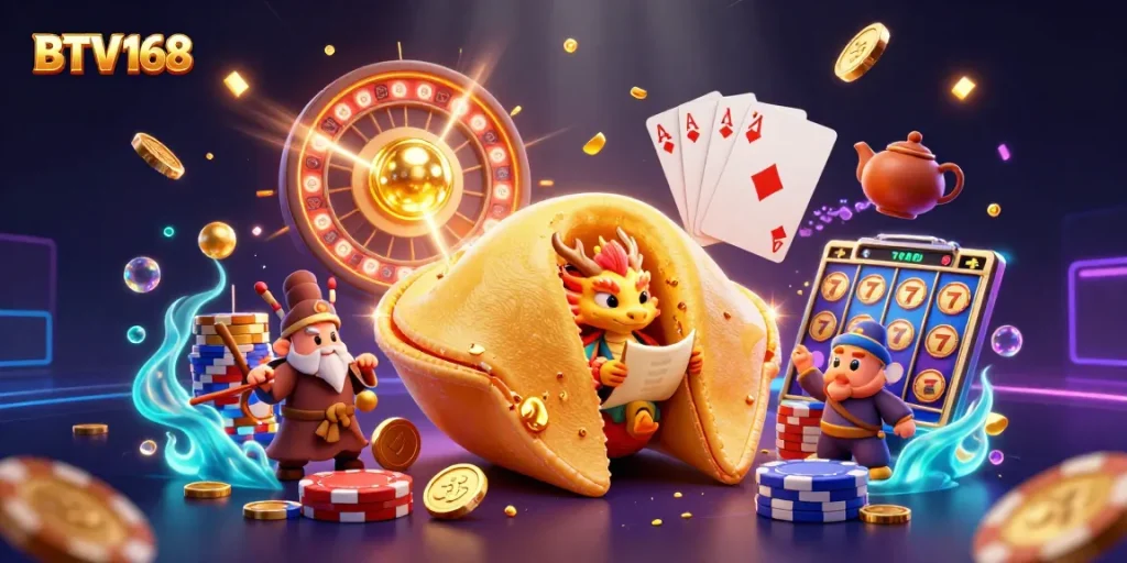 Win big with BTV168 in a vibrant 3D casino scene filled with dragons and fortunes.