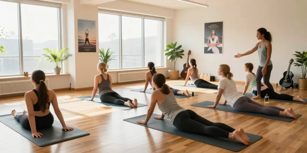 Group practicing yoga in a bright studio, promoting Health and wellness.