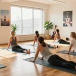 Group practicing yoga in a bright studio, promoting Health and wellness.