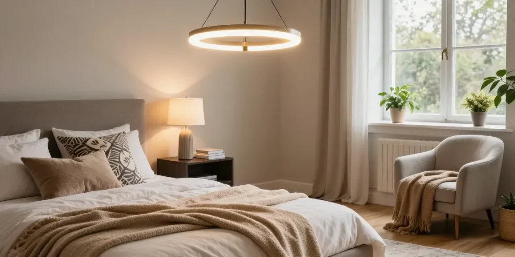 Lustra dormitor modernă suspendată, iluminând un pat confortabil cu perne decorative la fereastră.